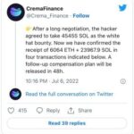 Crema Hacker Returns $8 Million, Keeps $1.6 Million In Bounty