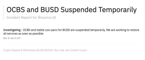 Binance.US suspends OCBS BUSD deposits, withdrawals