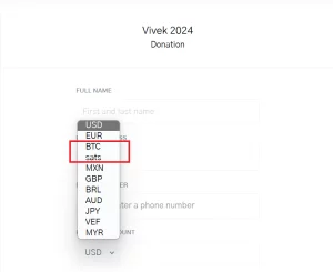 Payment options for Ramaswamy's donations showing BTC and sats. Source: support.vivek2024.com