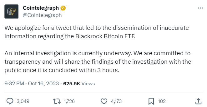 Cointelegraph Apologizes for False Bitcoin Spot ETF Approval