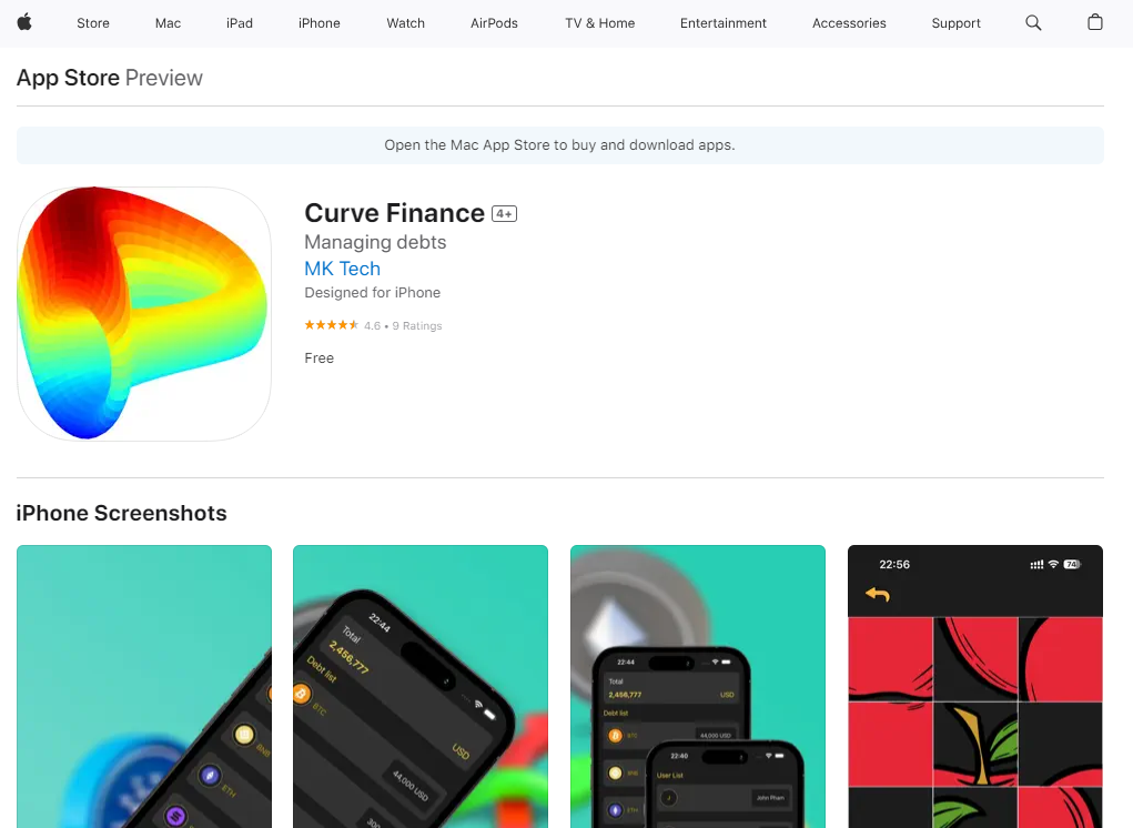 Fake Curve Finance App on Apple Store