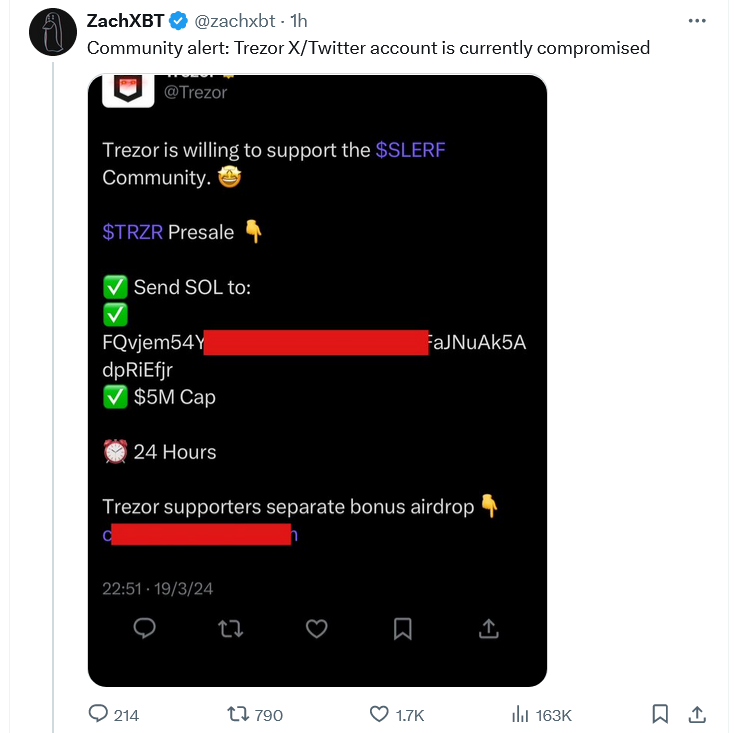 Trezor X Account Hacked to Promote Fake Presale Tokens