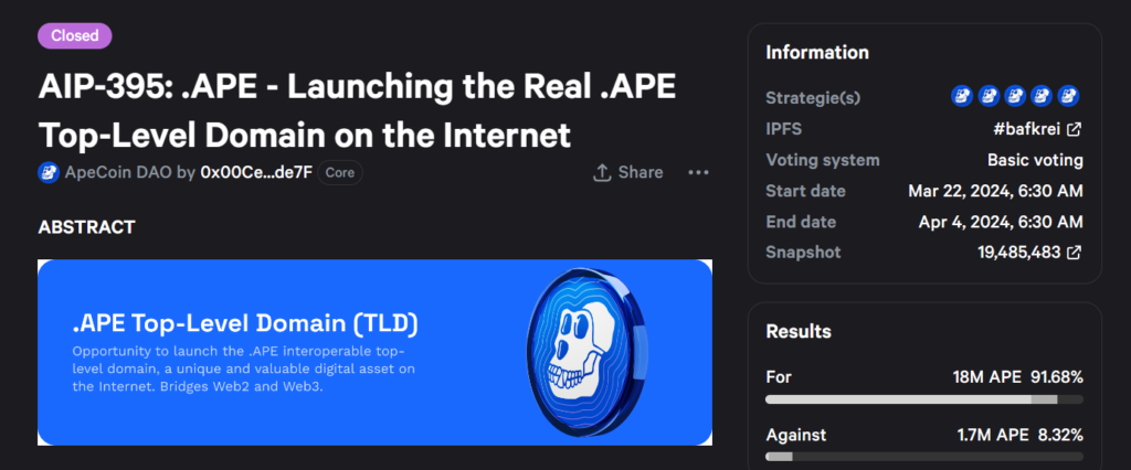 ApeCoin DAO Approves .APE Top Level Domains