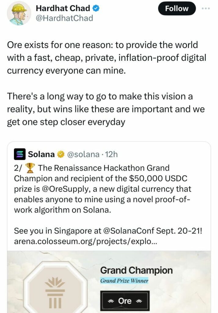 Ore Wins Solana Hackathon Despite April Disruption