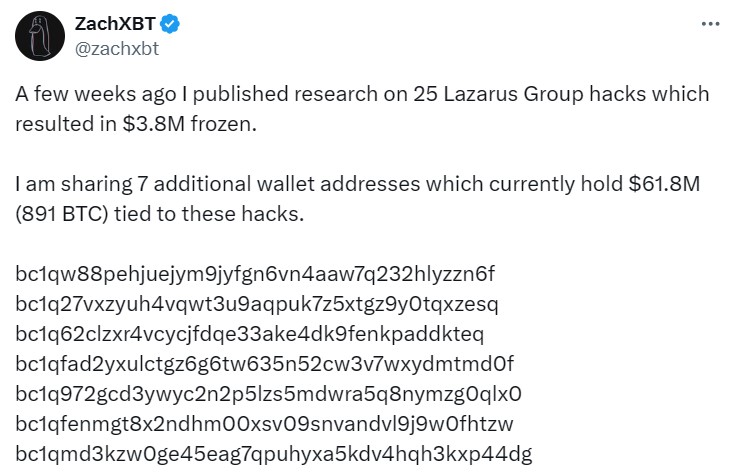 ZachXBT Flags $61M in Lazarus-linked Addresses